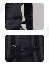 Canvas backpack detail showing sturdy shoulder straps, mesh padding and adjustable chest buckle.
