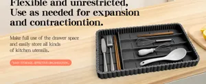 Expandable silicone kitchen utensil organizer tray for drawers, grey multi-functional divider.