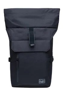 Black roll-top backpack front detail, durable fabric, convenient multi-pocket design