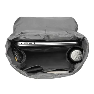 Detail view of gray casual laptop backpack interior with multiple storage pockets and compartments.
