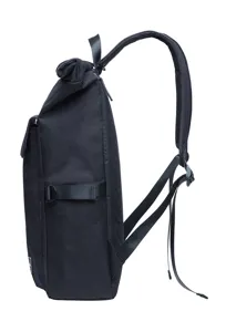 Side detail view of black roll top backpack canvas casual school travel rucksack.