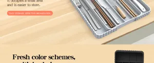 Expandable silicone cutlery tray for kitchen drawer organization, grey flatware storage box.