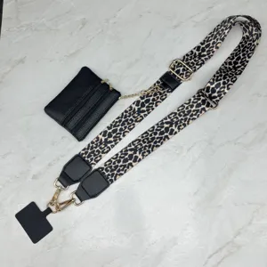 Leopard print wide bag strap with small coin pouch, adjustable crossbody replacement for women.
