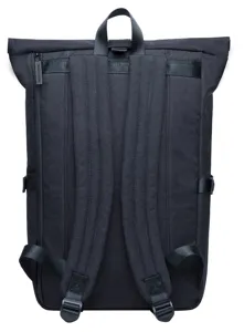 Detailed view of the black roll-top backpack showing back straps and side adjustment buckles.