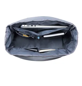 Interior view of grey casual backpack with multiple storage compartments for laptop.