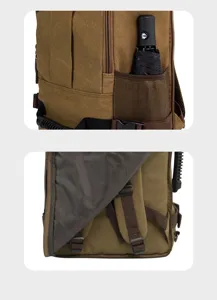 Canvas backpack detail view showing side mesh pocket, adjustable straps and durable fabric.