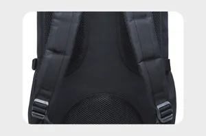 Black backpack back detail showing breathable mesh shoulder straps and ergonomic padding.