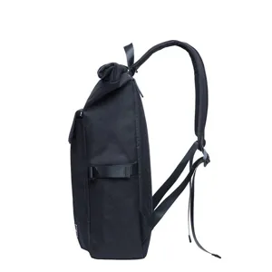 Casual black canvas roll-top backpack for daily travel, school, and commuting use.