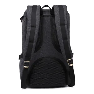 Black canvas backpack with breathable mesh straps, ideal for outdoor travel and daily school use.