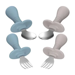 Baby Silicone Training Fork And Spoon Set Stainless Steel Infant Self Feeding Utensils Toddler Tableware