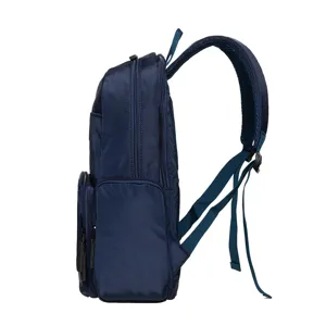 Dark blue multi-functional nylon backpack, side view showing spacious storage and straps.