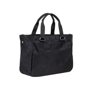 Schwarze Damen Handtasche aus Knitter-Nylon, geräumige Shopper Umhängetasche mit Griffen.