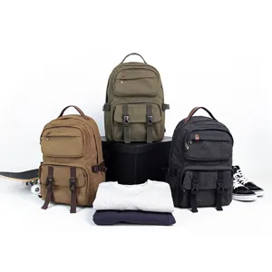 Retro canvas backpack for men and women, casual outdoor travel daypack with multi pockets.