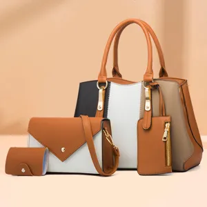 Women Fashion Color Block Handbag PU Leather Four Piece Set Casual Shoulder Messenger Tote Bag Daily Purse