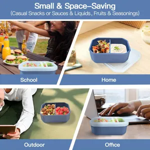 Portable 2-compartment silicone lunch box with lid, square microwave-safe meal prep container.