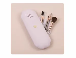 Portable silicone makeup brush case with travel cosmetic brushes set in lavender color.