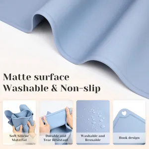 Silikon Babytischset Detail zeigt weiche matte Oberfläche, Reißfestigkeit und praktische Aufhängung.