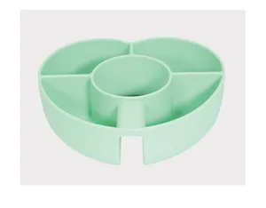 Silicone snack tray detail view, multi-compartment design for cups, light green food grade.