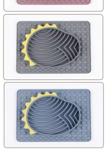 Silicone pet slow feeder mat detail view, anti-choking slow eating bowl pad with bubble design.
