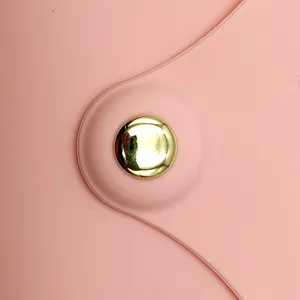 Pink silicone makeup brush bag close up, portable travel cosmetic pouch with gold snap button.