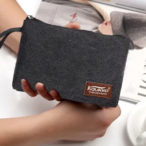Vintage canvas coin purse with zipper and wrist strap for daily use, dark grey style.