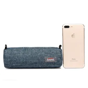 Canvas pencil case for women and students, stylish cylindrical stationery pouch with handle.