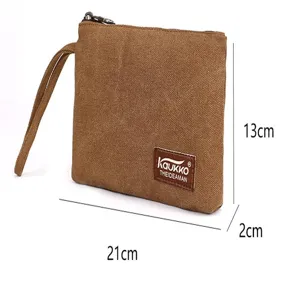 Canvas coin purse wristlet detail, durable fabric, smooth zipper closure, compact size.