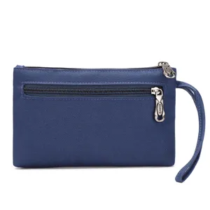 Blue nylon wallet wristlet phone bag with zipper pockets, durable casual daily clutch purse.
