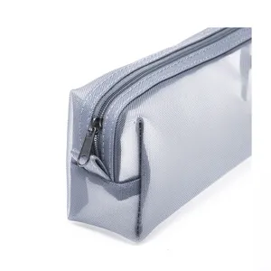 Trousse à crayons transparente en mesh gris, pochette de rangement minimaliste pour école.