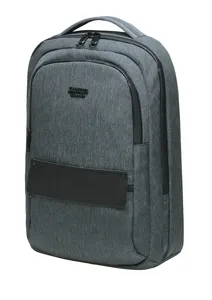 Grey business backpack detail showing front pocket, durable fabric and comfortable handle.