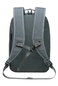Grey business laptop backpack detail, stylish casual school bag for men and women.