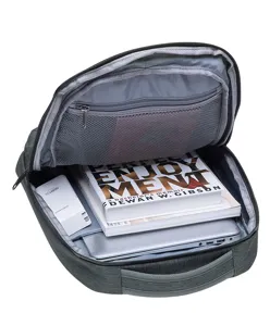 Interior compartment detail of grey laptop backpack showing large capacity and multi pockets.