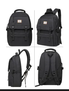 Multi-angle details of the black casual laptop backpack with durable fabric and multiple pockets.