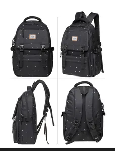 Black polka dot backpack detailed multi-angle view showing front, side and back straps.