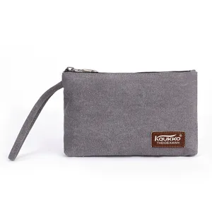 Gray canvas pouch minimalist wristlet coin purse zipper key bag casual daily portable bag