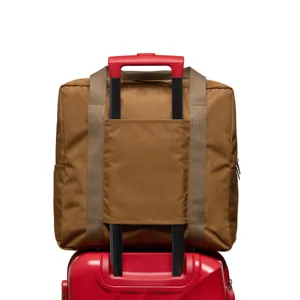 Brown travel duffel bag with luggage sleeve, large capacity portable overnight carry-on bag.