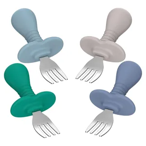 Baby silicone training fork set with short ergonomic handles and stainless steel tines.