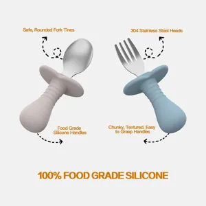 Baby silicone spoon and fork set with 304 stainless steel and food grade handles.