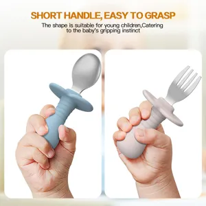 Baby silicone training spoon and fork set with short handle for toddlers self-feeding safely.