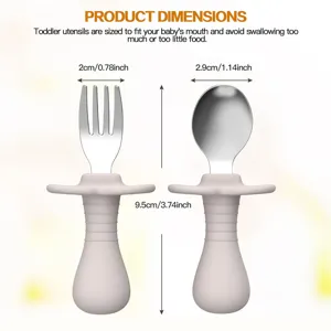Baby silicone training spoon and fork set with short stainless steel handles for toddlers.