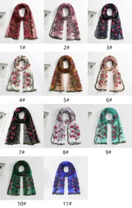 Women's long mesh embroidered scarf floral sheer shawl lightweight summer beach wrap.