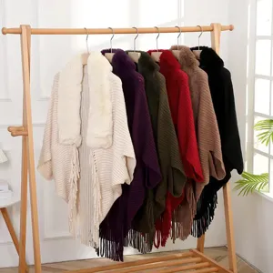 Women Winter Warm Knitted Shawl Cape Faux Fur Collar Tassels Open Front Cardigan Poncho Elegant Outerwear