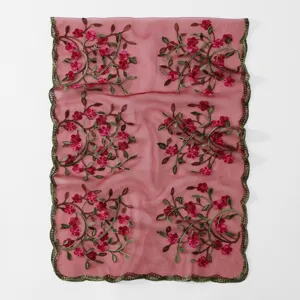 Elegant floral embroidered sheer scarf long mesh shawl for women spring summer daily wear.