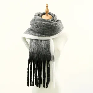 Gradient black and white knit tassel scarf for women, cozy winter warm thick winter neck warmer.