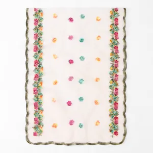 Detailed close-up view of the colorful embroidered floral mesh scarf with delicate scalloped edges.