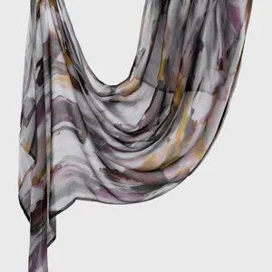 Close-up view of the abstract printed lightweight fabric scarf, showing fine texture and smooth drape.
