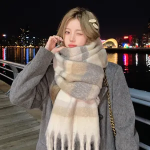 Cozy thick winter plaid tassel scarf for women, warm cashmere feel fashion neck wrap shawl.