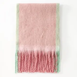 Soft pink and green color block winter scarf with fringes, cozy and warm for cold weather.