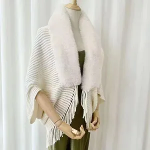 Knitted fringe shawl with fur collar, winter Korean style cape cardigan sweater coat.