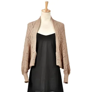 Femme Beige Tricoté Shrug Cardigan Creux Diamant Maille Court Extérieur Châle Top